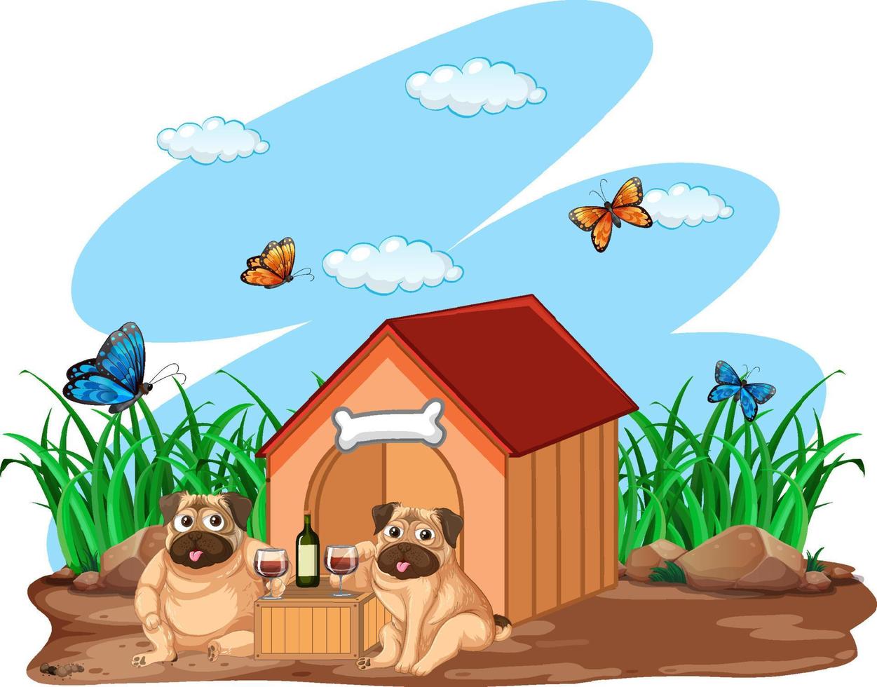 Two dogs drinking wine by the doghouse vector