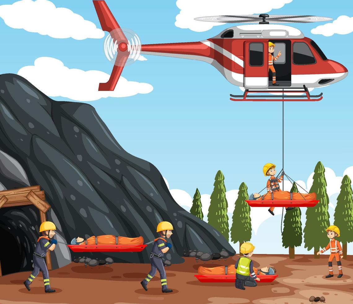 escena de la cueva con rescate de bomberos en estilo de dibujos animados vector