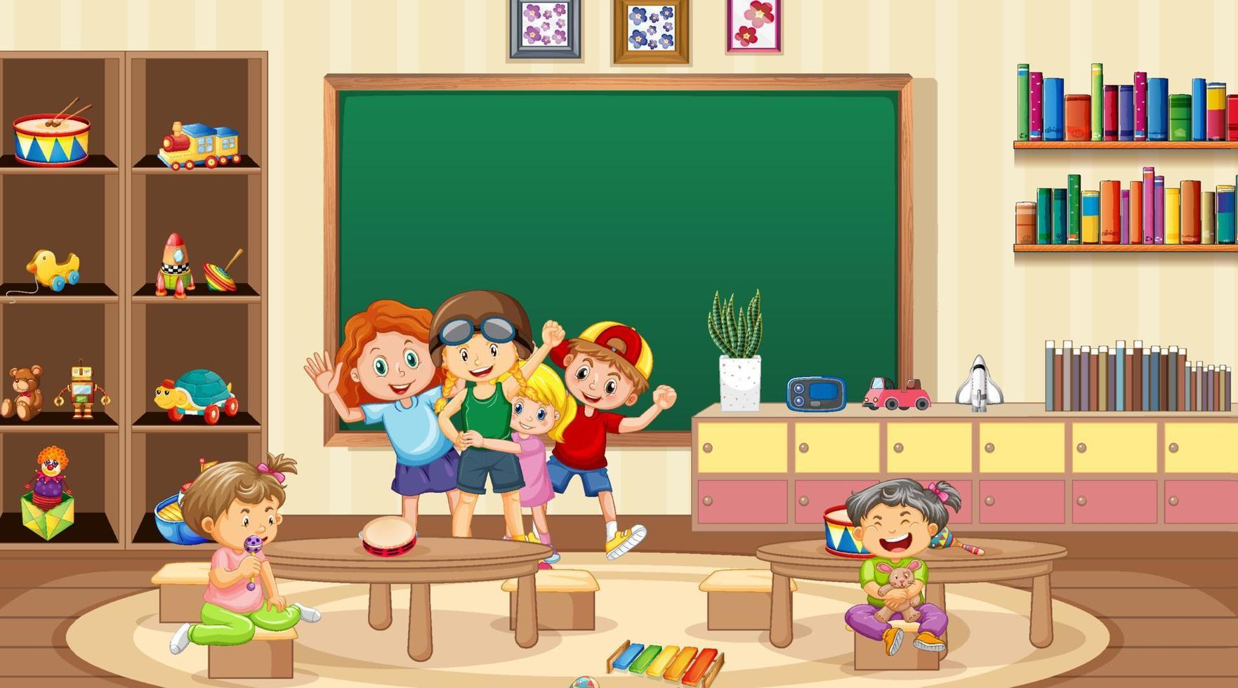 escena con niños jugando en el aula. vector