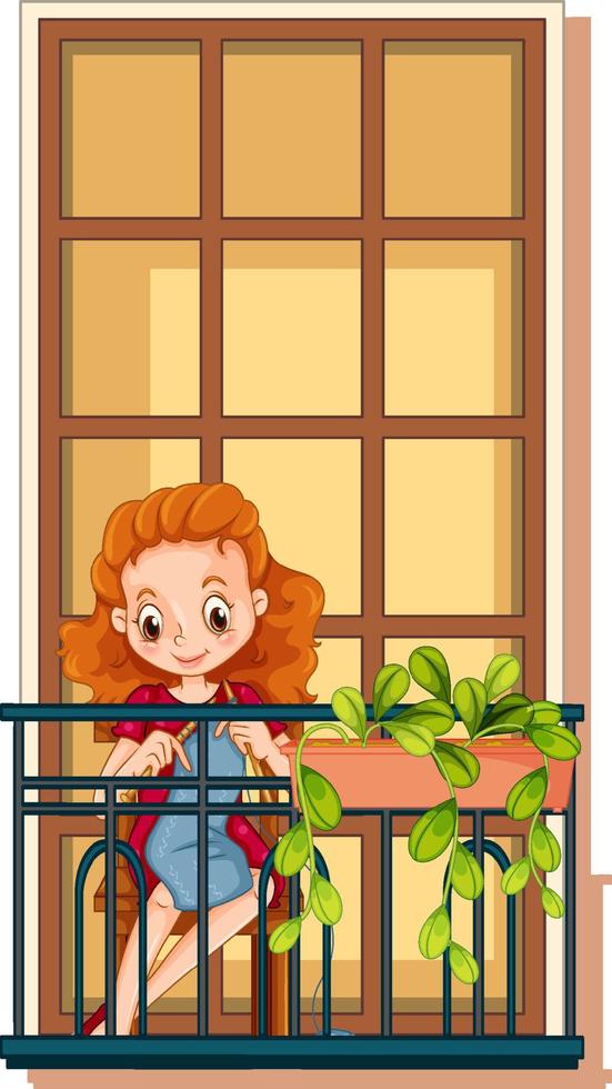 A woman knitting on the balcony vector