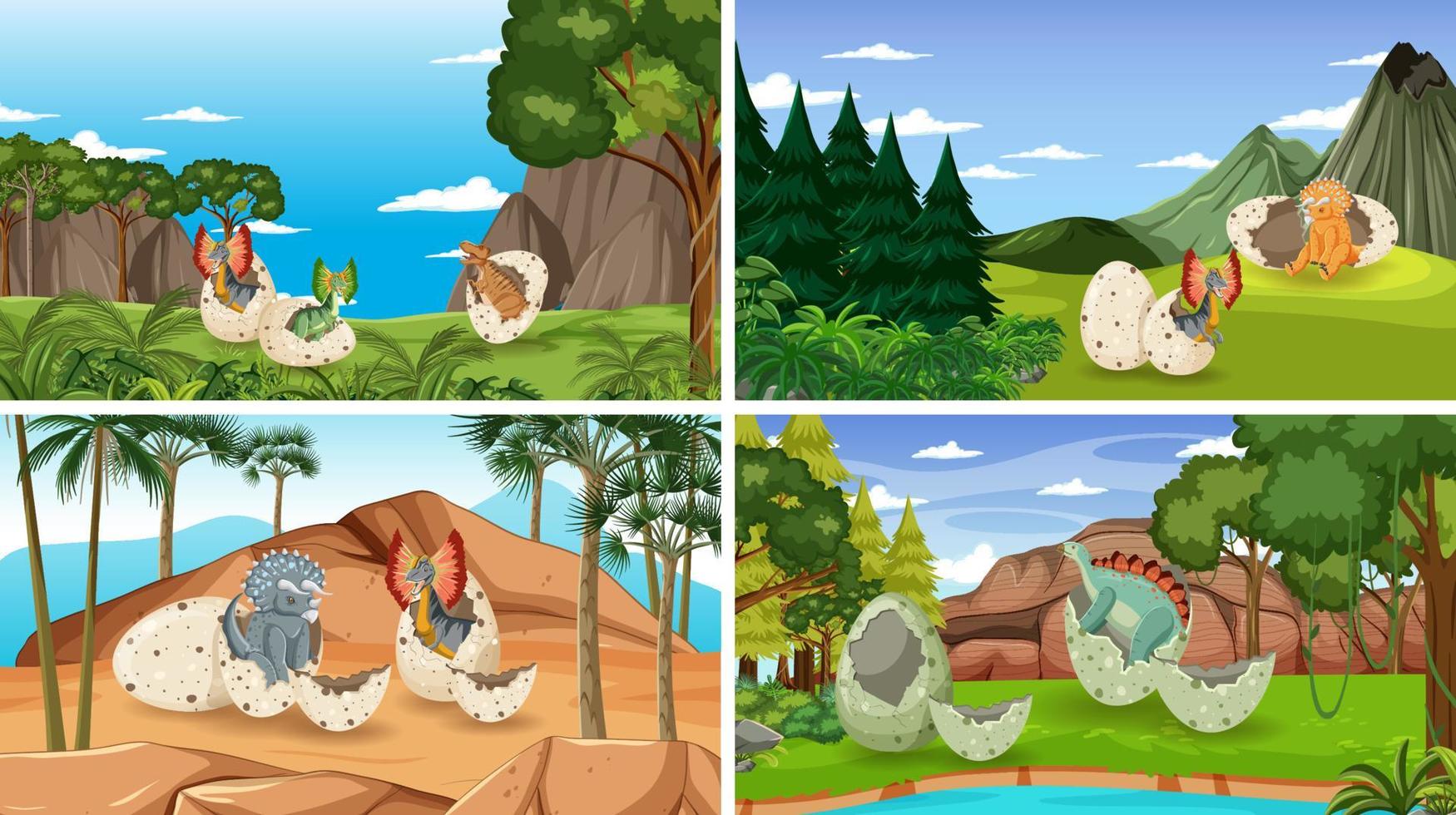 Different prehistoric forest scenes with dinosaur cartoon vector