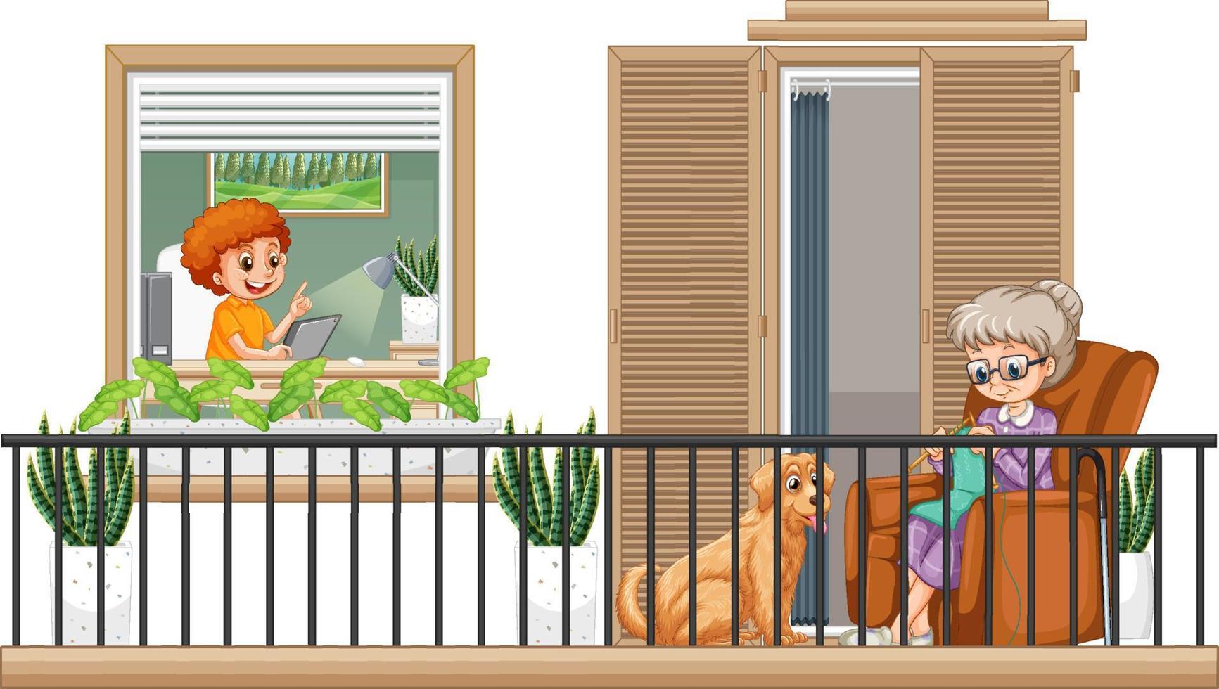 Balcony scene with cartoon characters vector