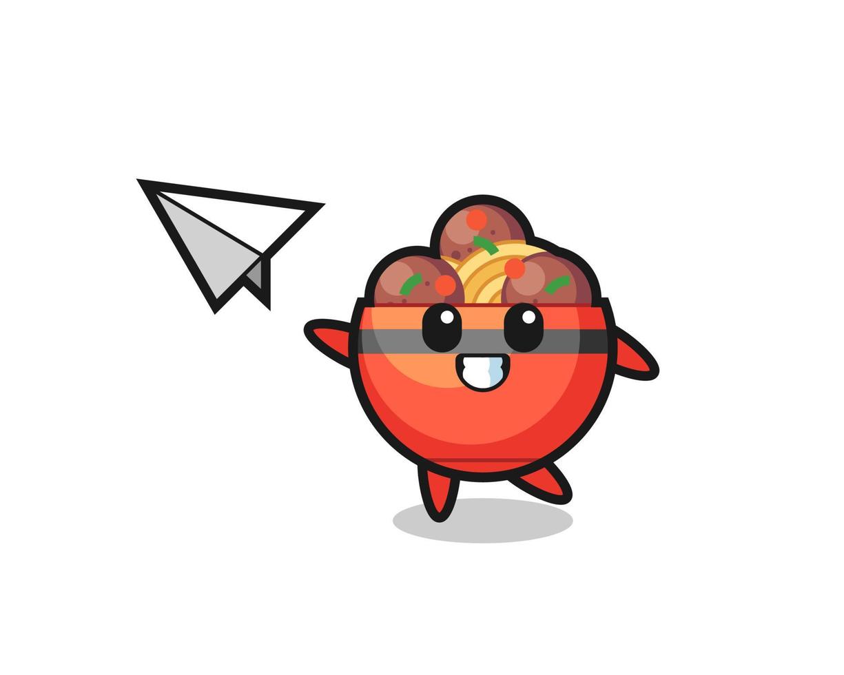 meatball bowl cartoon character throwing paper airplane vector