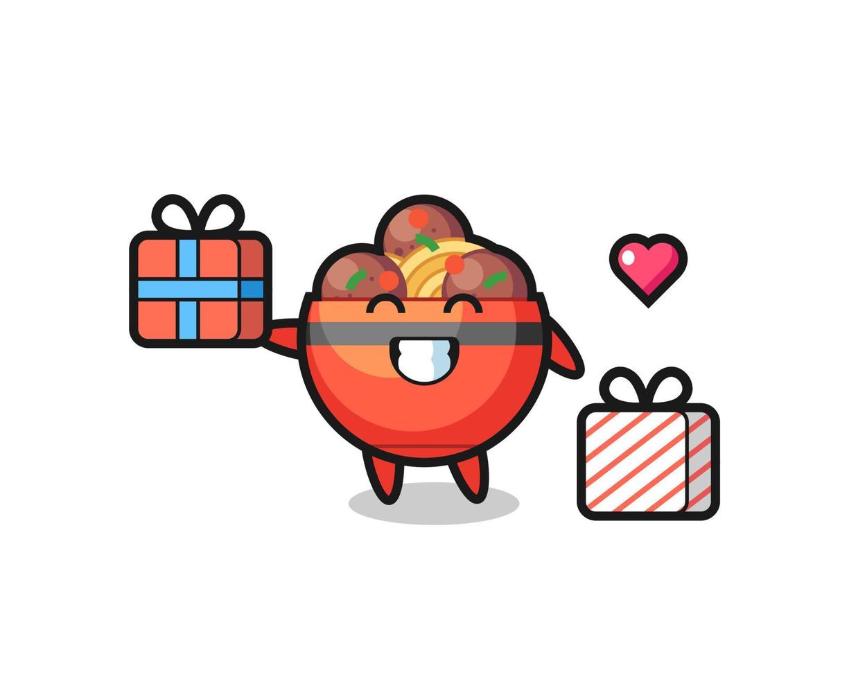 dibujos animados de la mascota del tazón de albóndiga dando el regalo vector