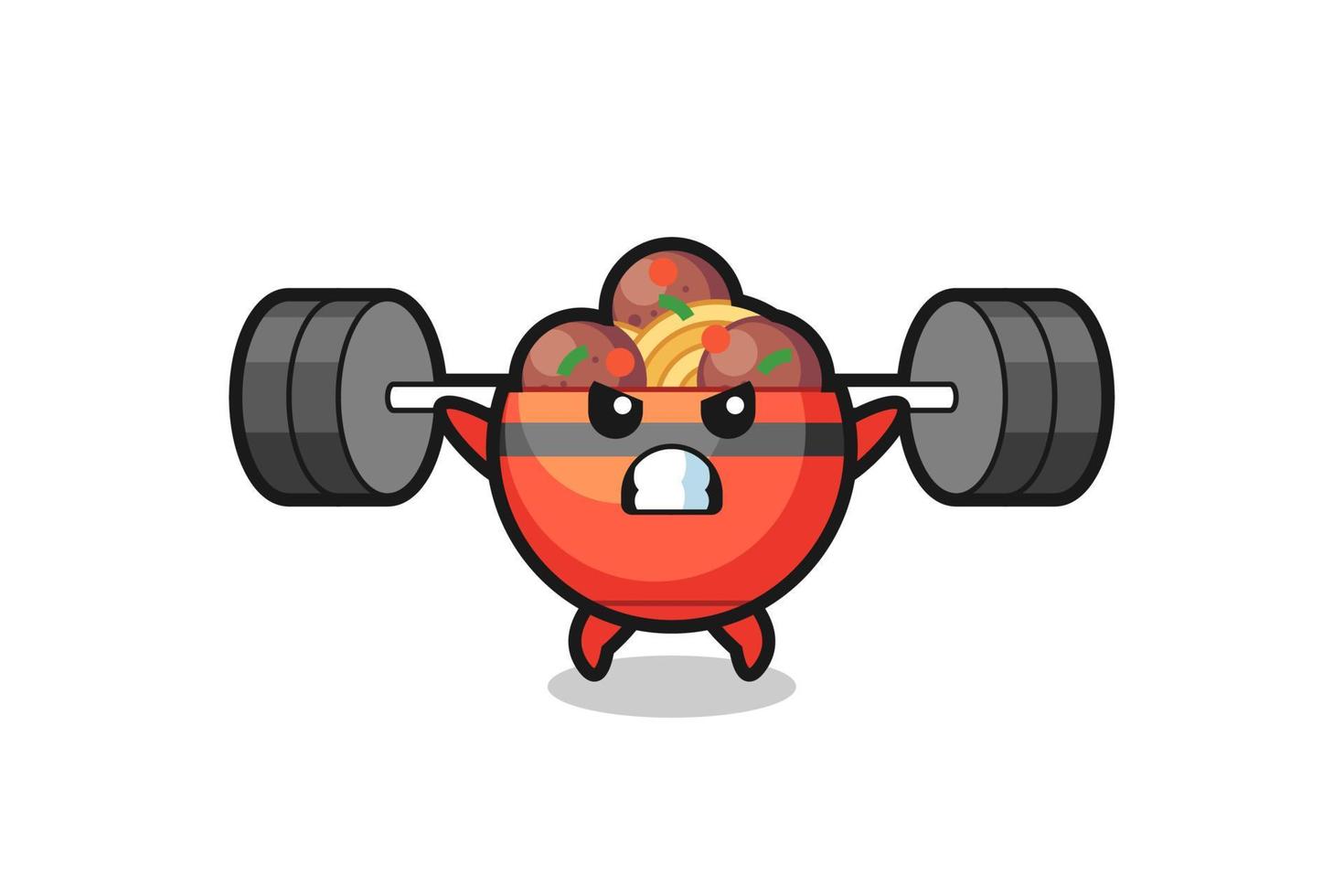 meatball bowl mascot cartoon with a barbell vector
