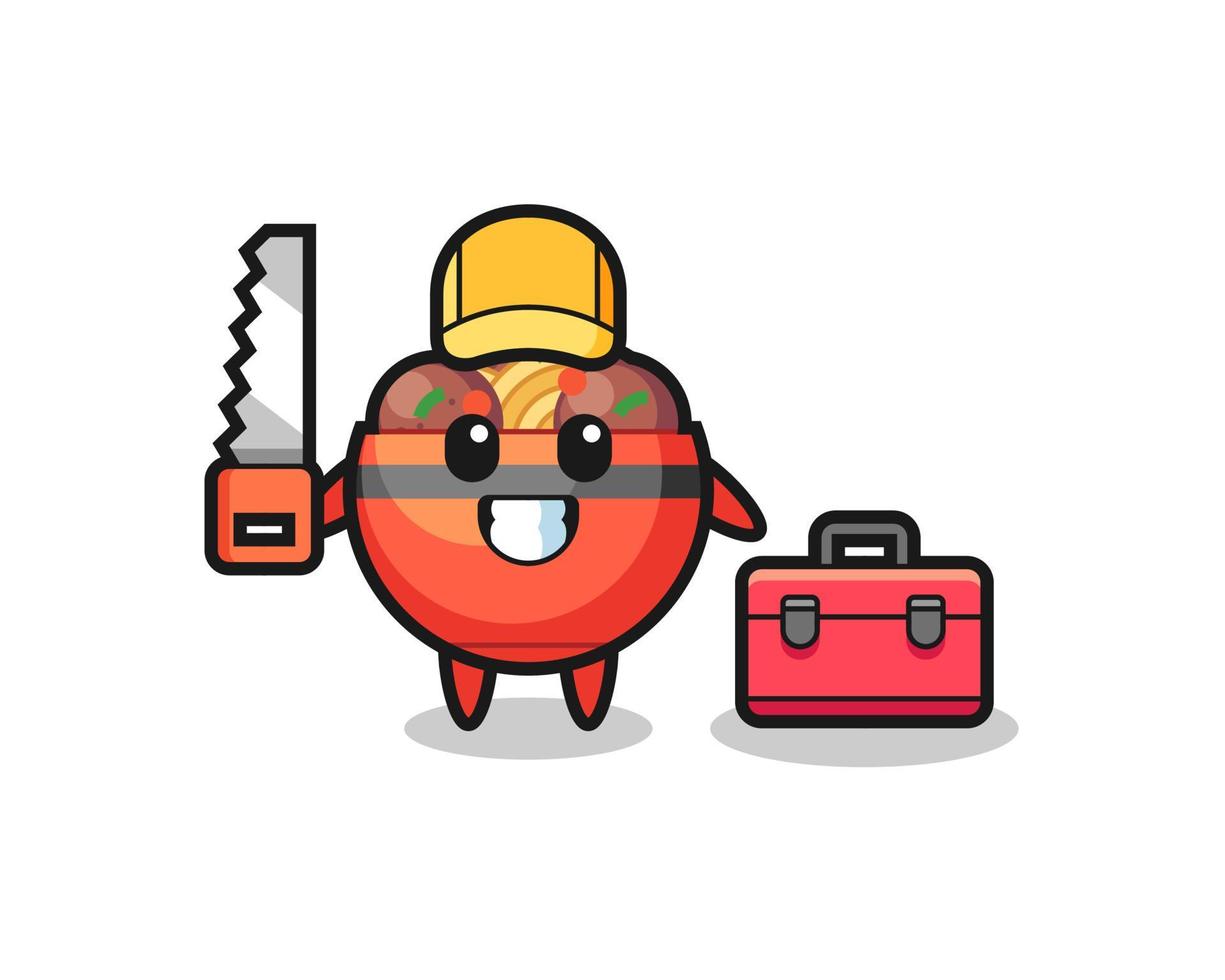 Illustration of meatball bowl character as a woodworker vector