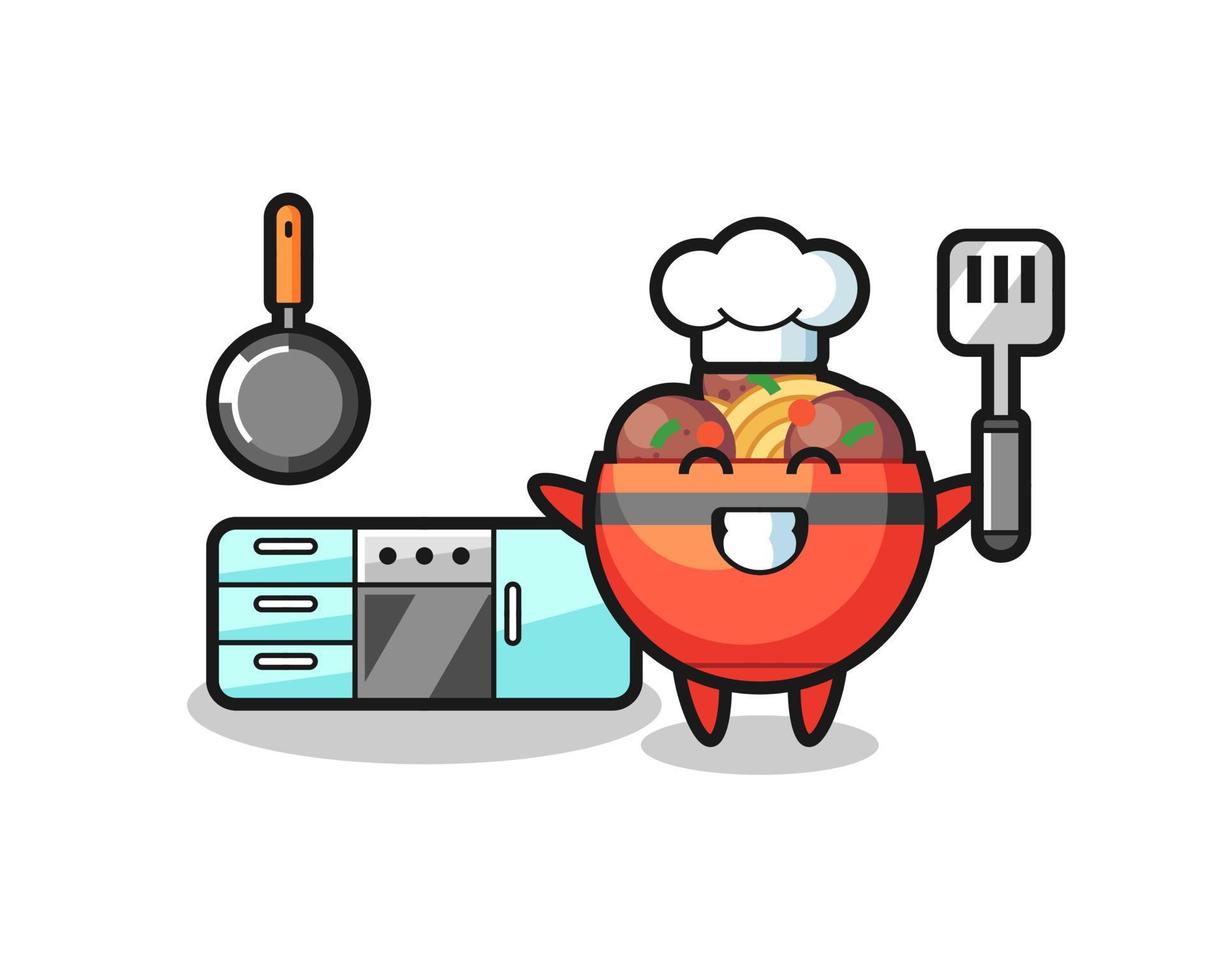 ilustración de personaje de tazón de albóndigas mientras un chef está cocinando vector