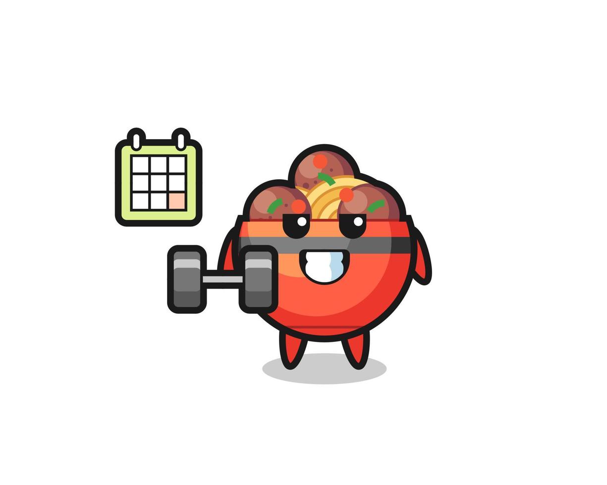 meatball bowl mascot cartoon doing fitness with dumbbell vector