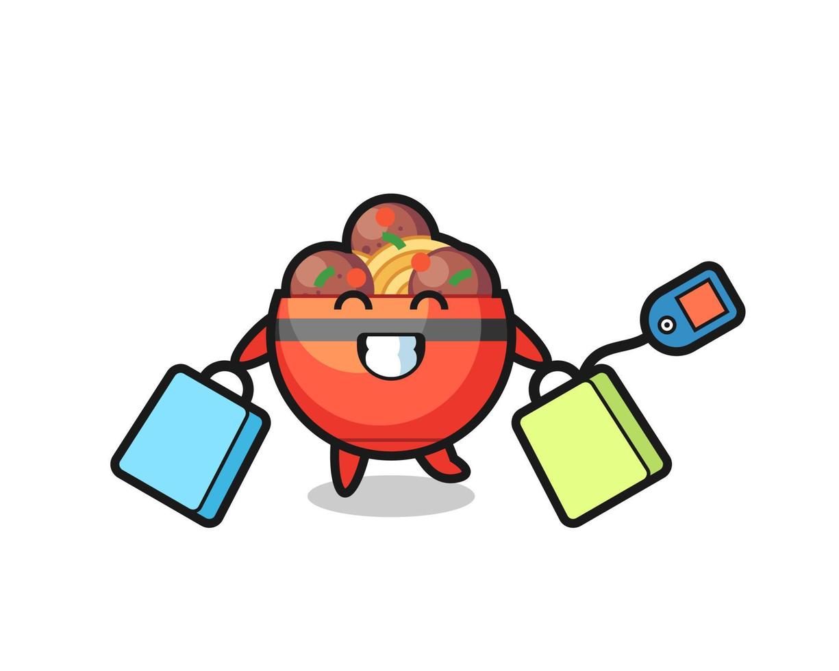 meatball bowl mascot cartoon holding a shopping bag vector