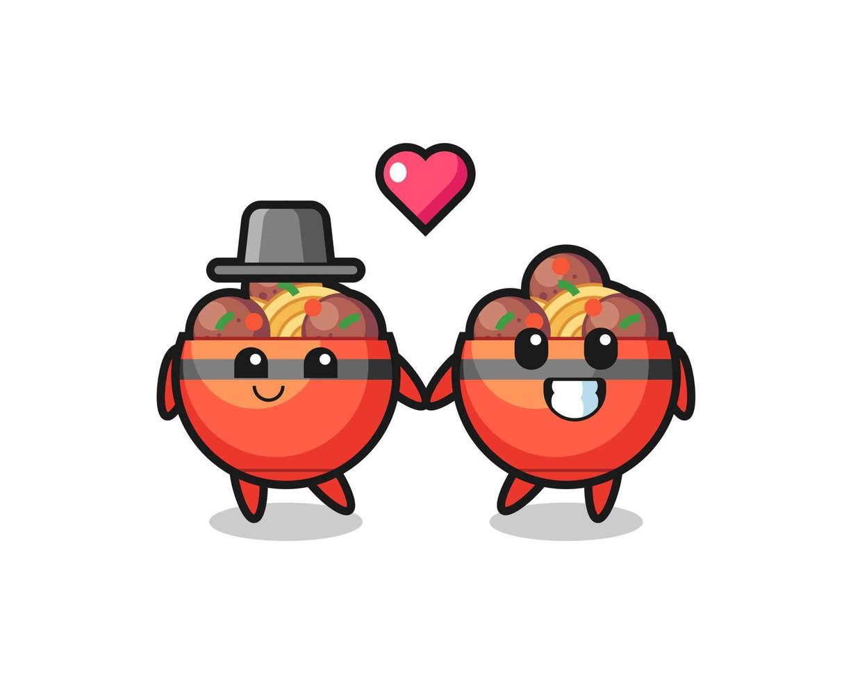 meatball bowl cartoon character couple with fall in love gesture vector