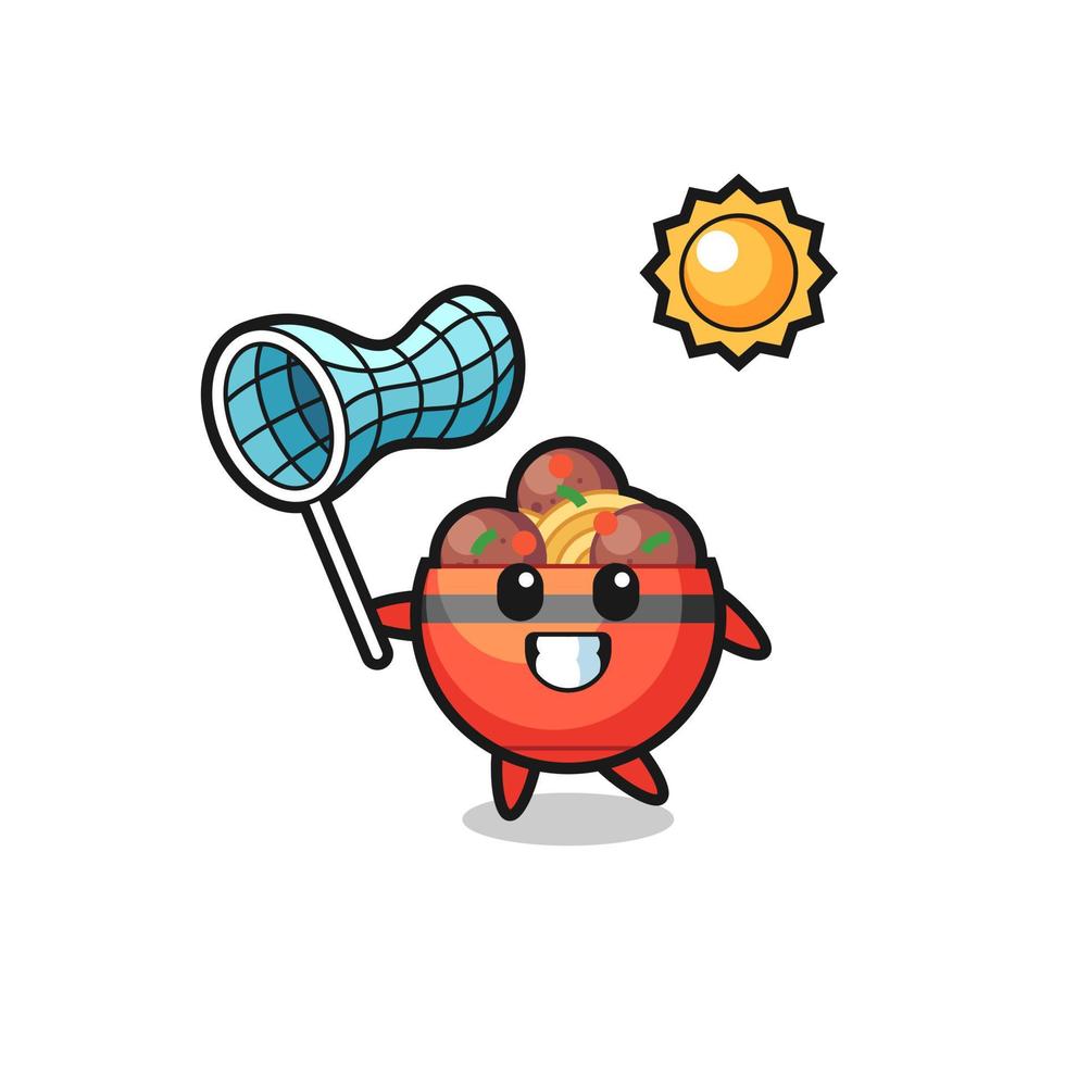 meatball bowl mascot illustration is catching butterfly vector