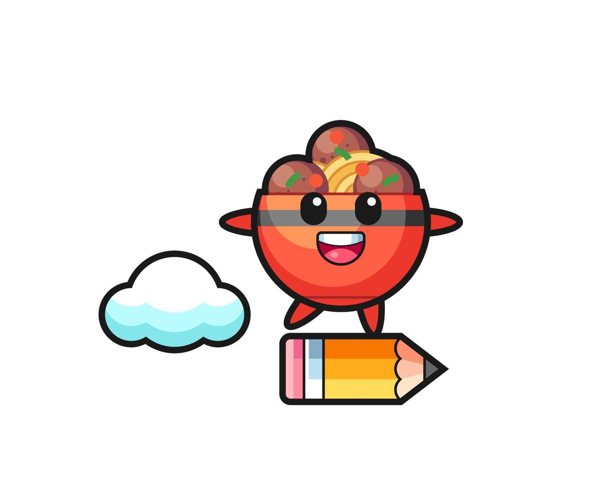 meatball bowl mascot illustration riding on a giant pencil vector