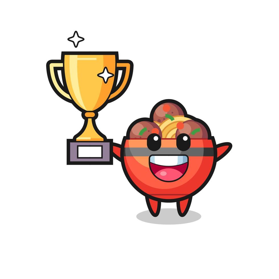 Cartoon Illustration of meatball bowl is happy holding up the golden trophy vector