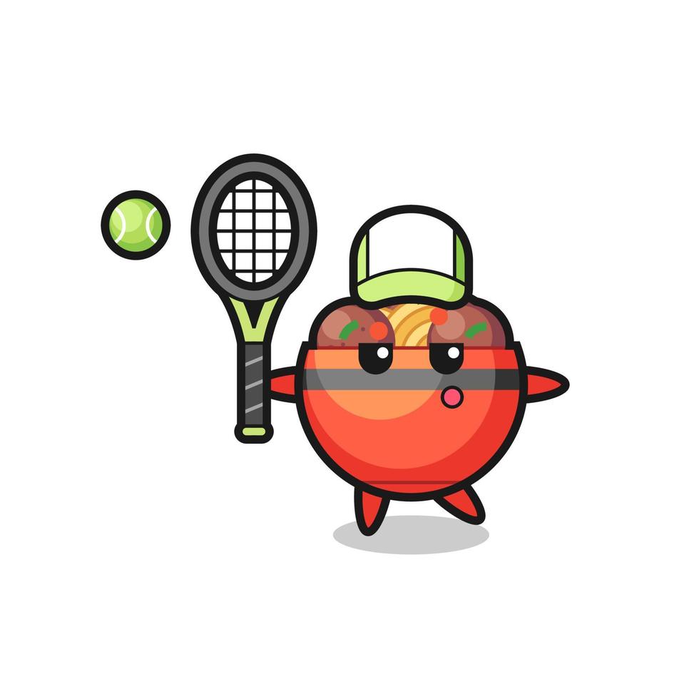 Cartoon character of meatball bowl as a tennis player vector