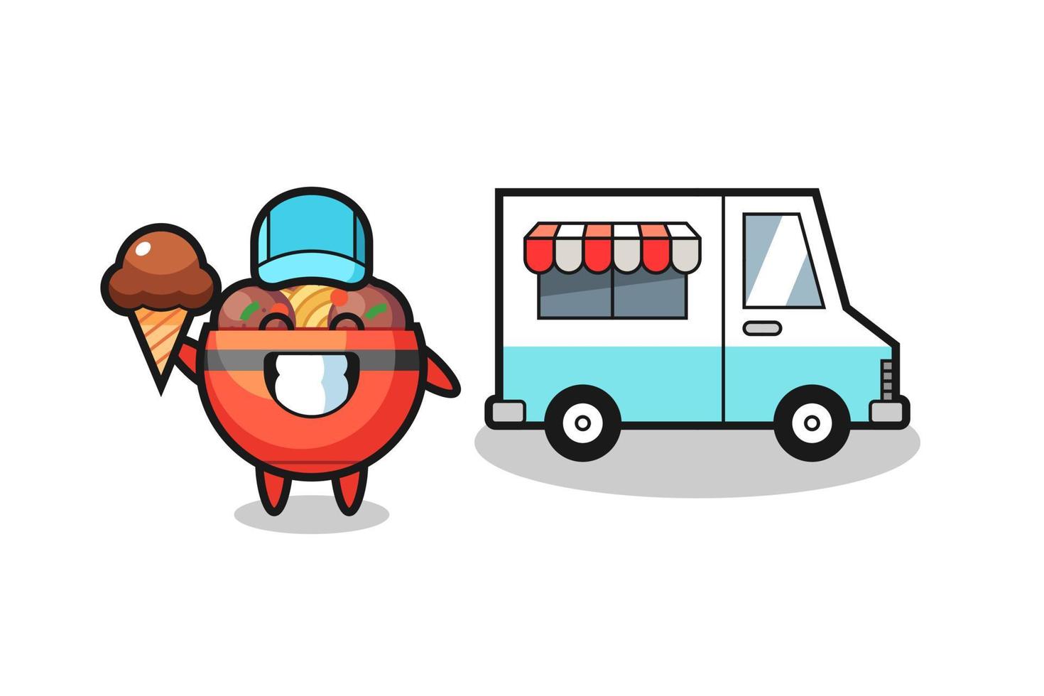 Mascot cartoon of meatball bowl with ice cream truck vector