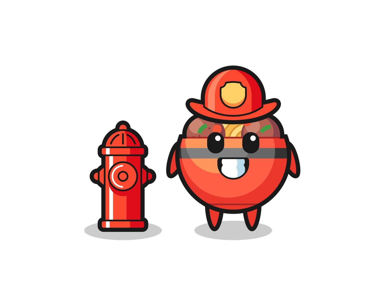 Mascot character of meatball bowl as a firefighter vector