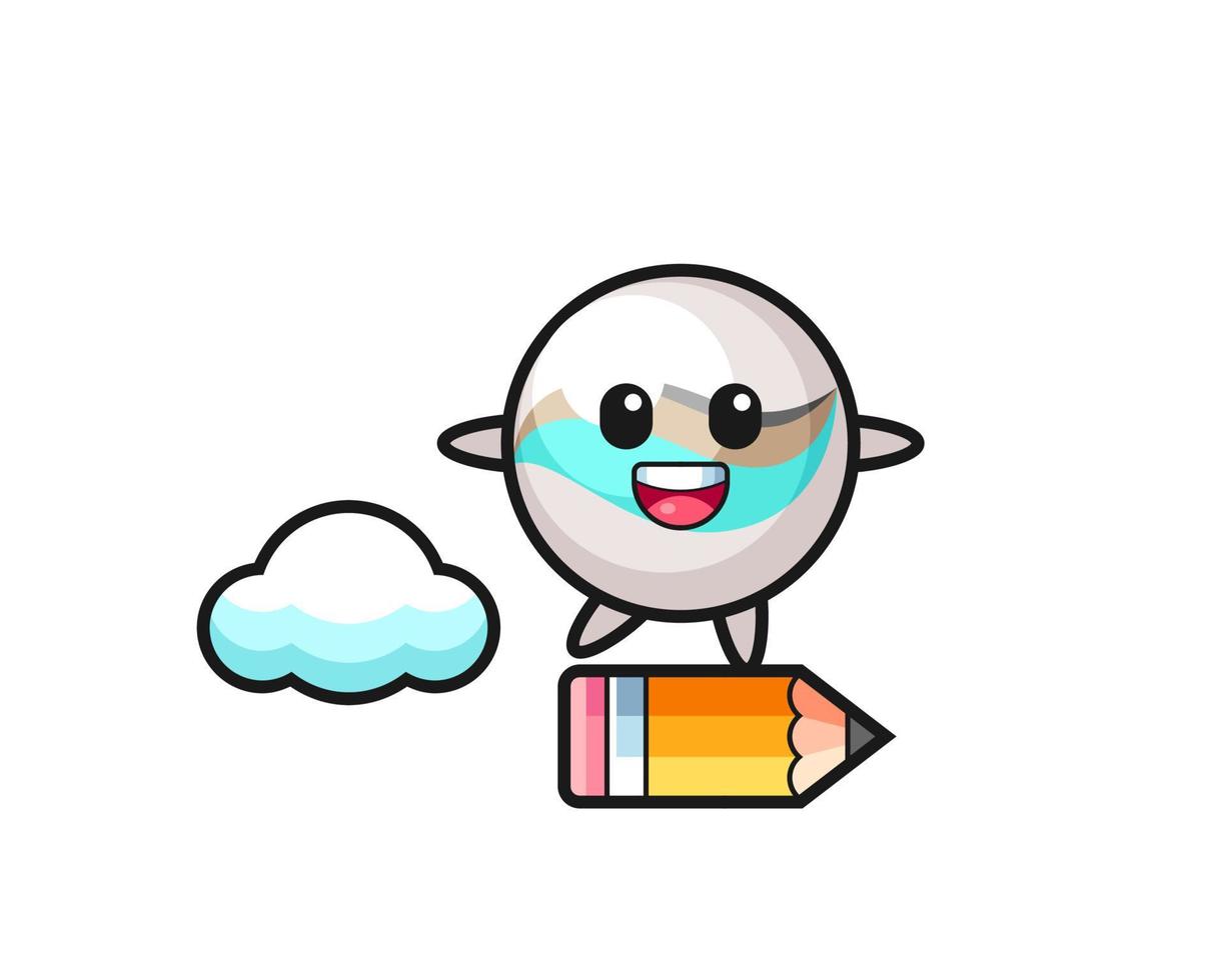 marble toy mascot illustration riding on a giant pencil vector