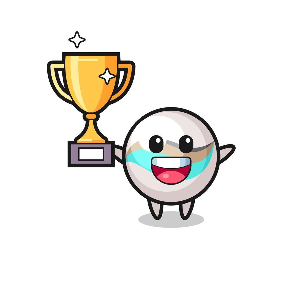 Cartoon Illustration of marble toy is happy holding up the golden trophy vector