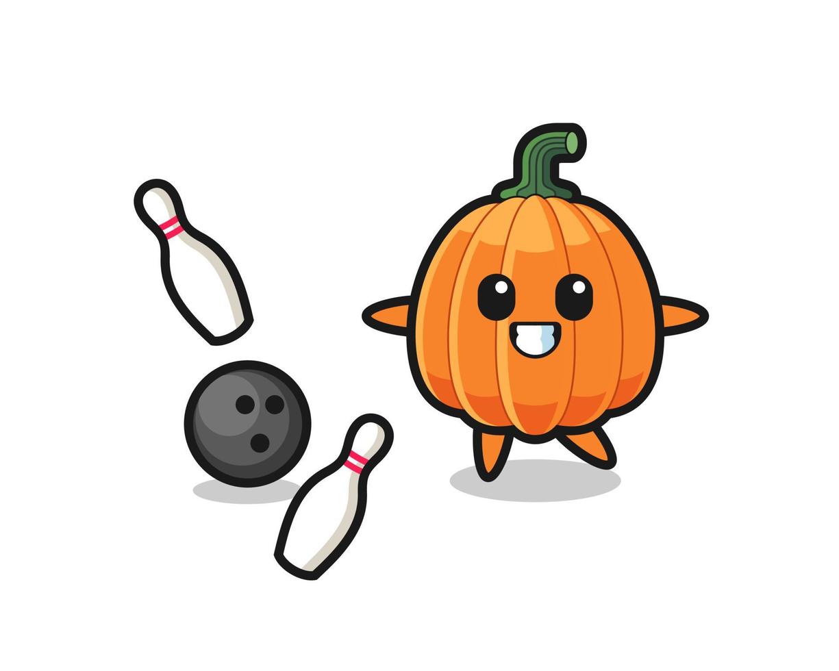 caricatura de personaje de calabaza está jugando bolos vector