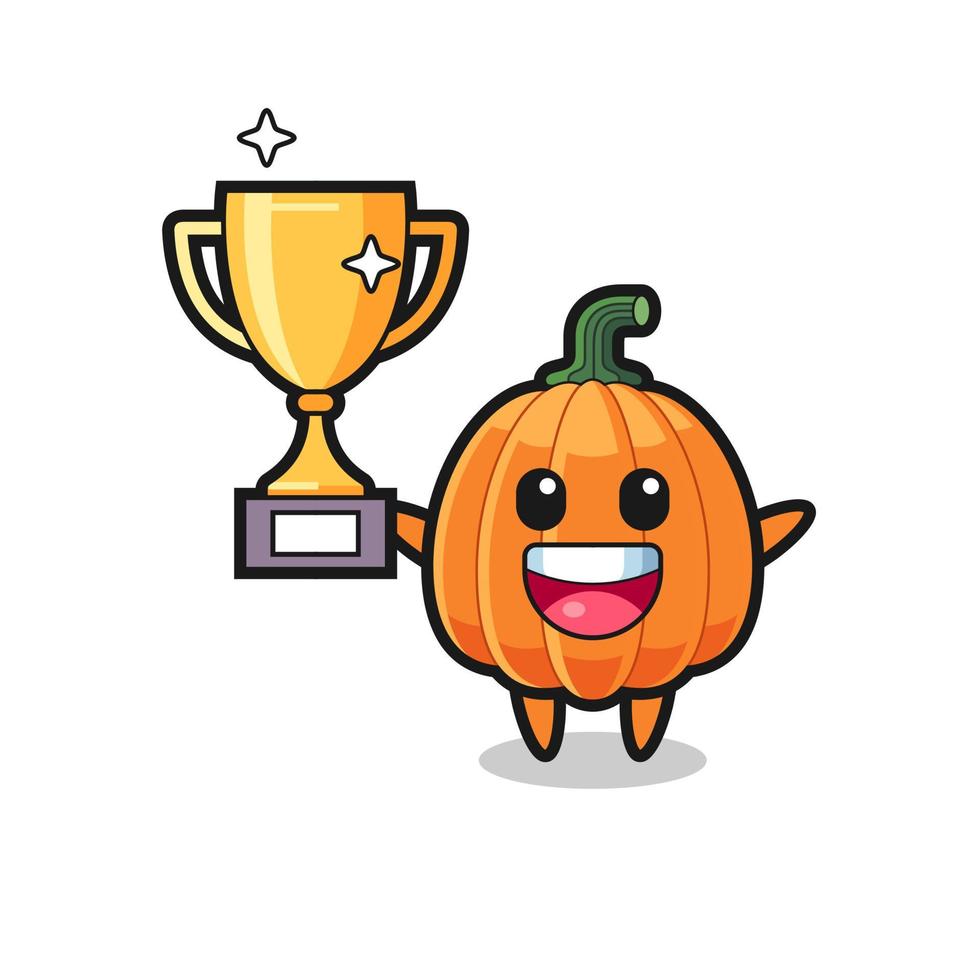 Cartoon Illustration of pumpkin is happy holding up the golden trophy vector