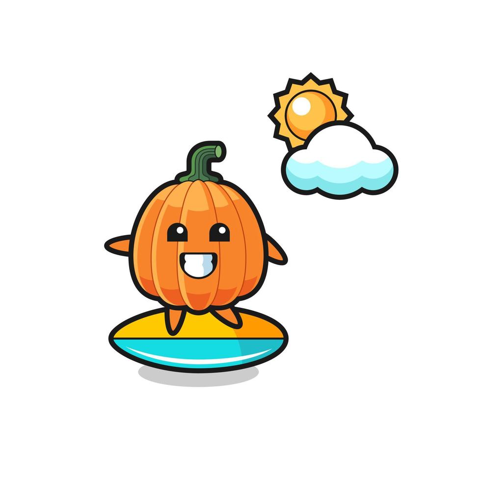 Illustration of pumpkin cartoon do surfing on the beach vector