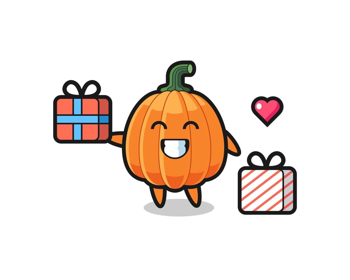 caricatura de mascota de calabaza dando el regalo vector