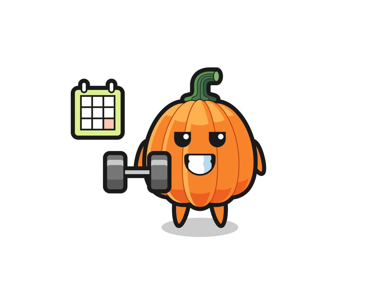 dibujos animados de mascota de calabaza haciendo fitness con mancuerna vector