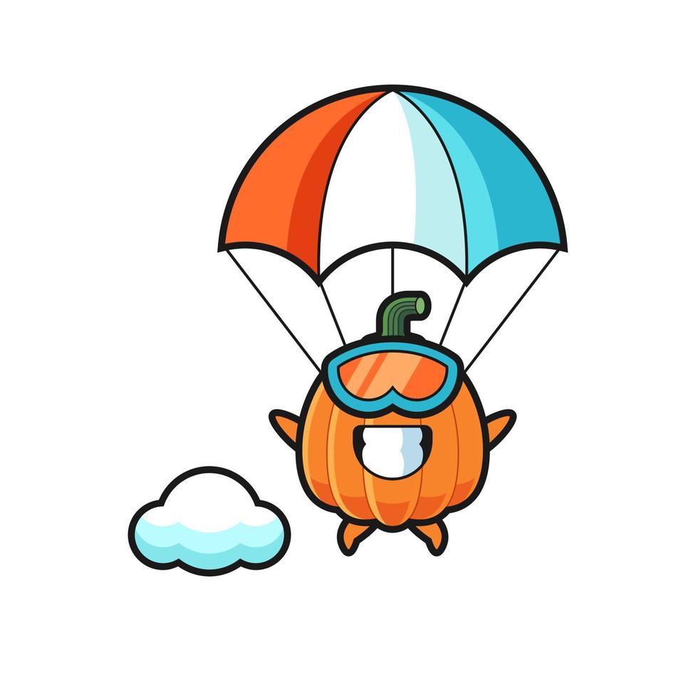 pumpkin mascot cartoon is skydiving with happy gesture vector