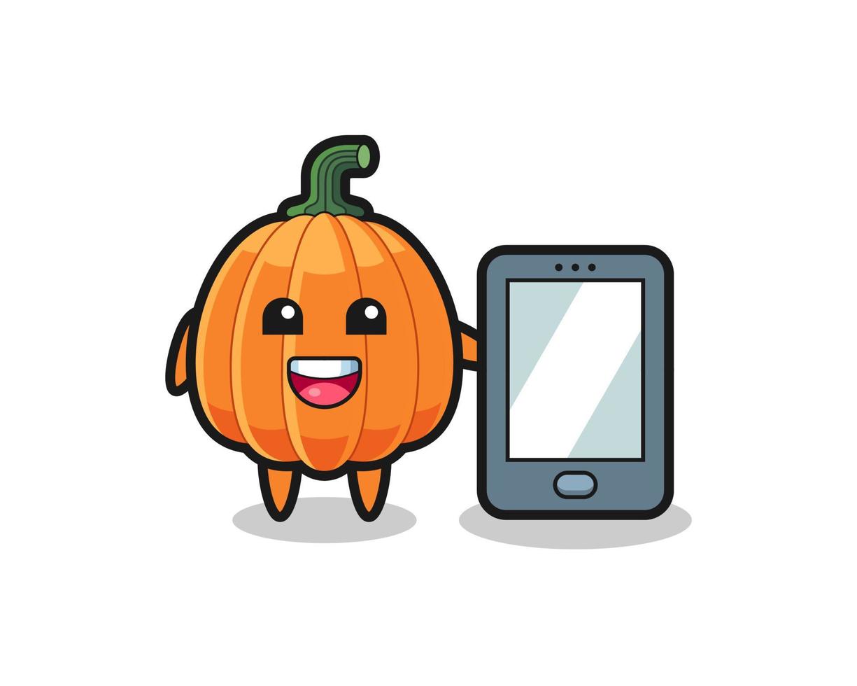 pumpkin illustration cartoon holding a smartphone vector