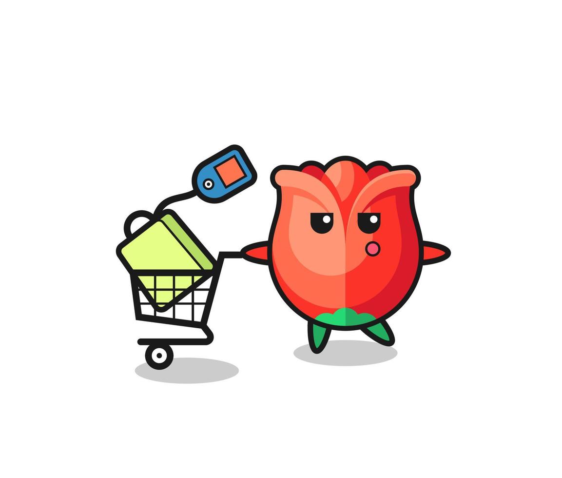 rose illustration cartoon with a shopping cart vector