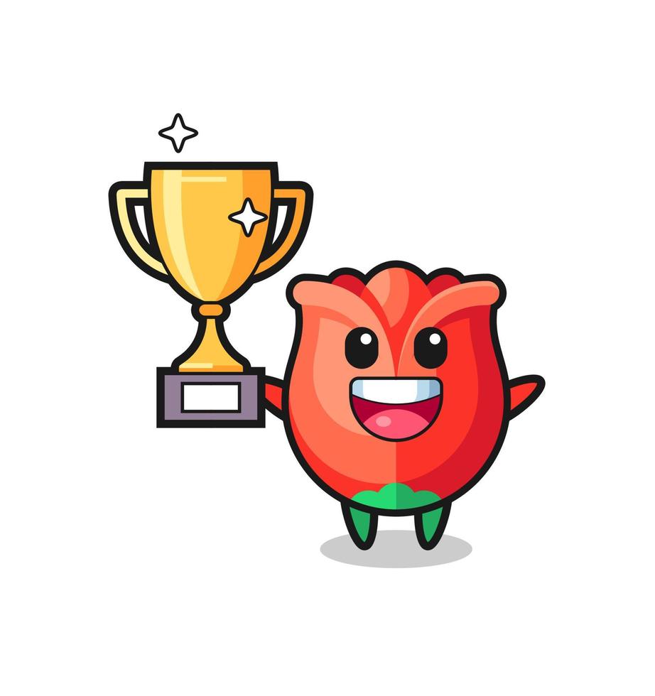 Cartoon Illustration of rose is happy holding up the golden trophy vector