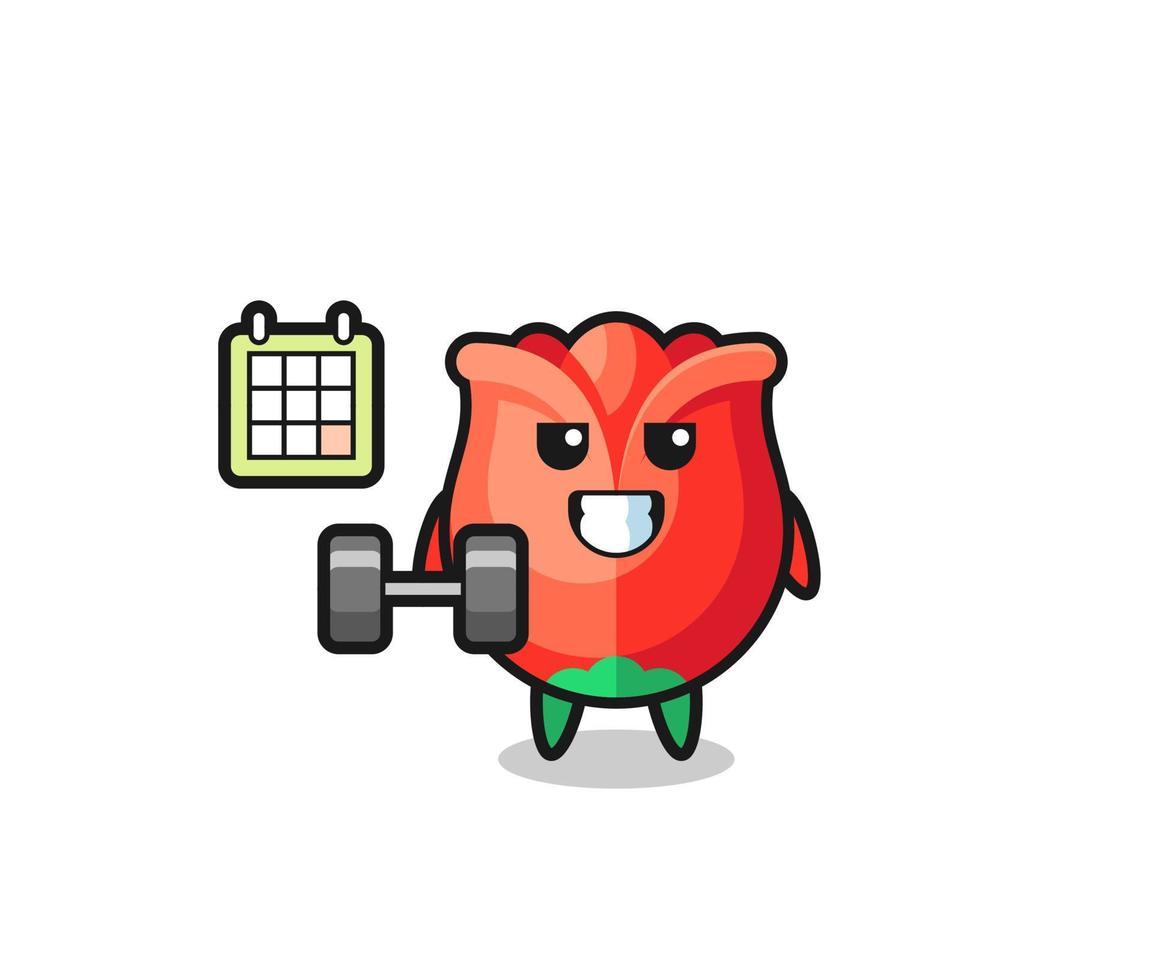 rose mascot cartoon doing fitness with dumbbell vector