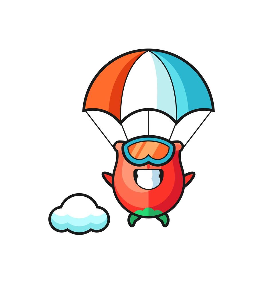 rose mascot cartoon is skydiving with happy gesture vector