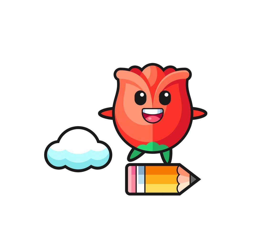 rose mascot illustration riding on a giant pencil vector