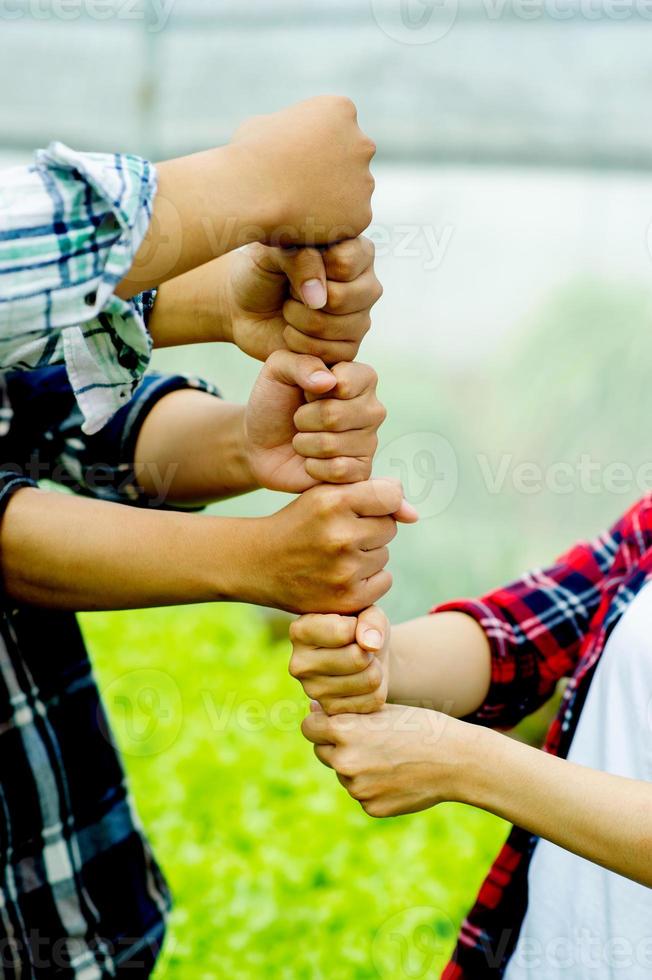 unidad, trabajo en equipo unidad grupo unidad de poder mental ponga sus manos en una línea vertical mostrando determinación y energía. concepto de trabajo en equipo foto