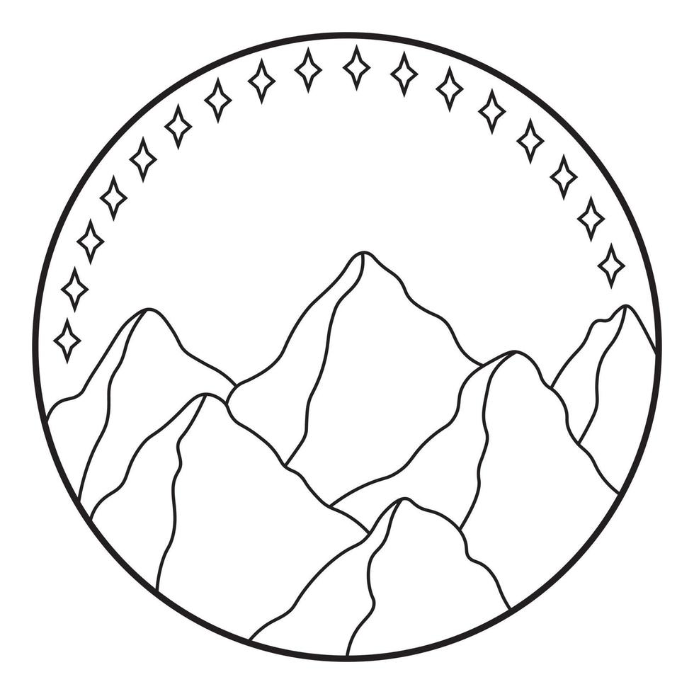 Vector illustration of mountain. Hand drawn outline icon in circle frame. For print, web, design, decor, logo.