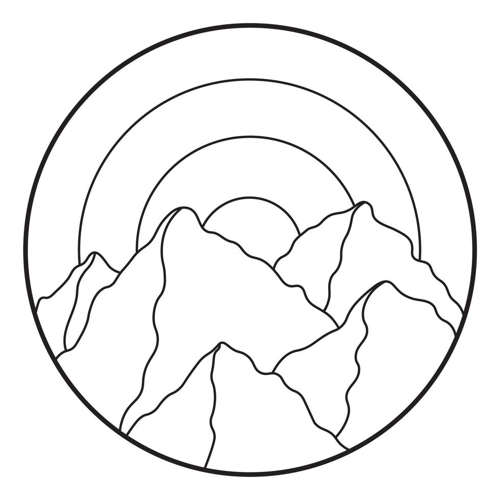 Vector illustration of mountain. Hand drawn outline icon in circle frame. For print, web, design, decor, logo.