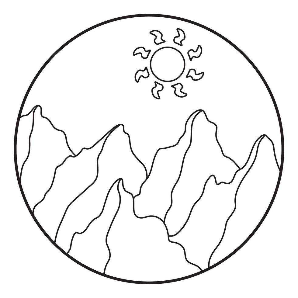 Vector illustration of mountain. Hand drawn outline icon in circle frame. For print, web, design, decor, logo.
