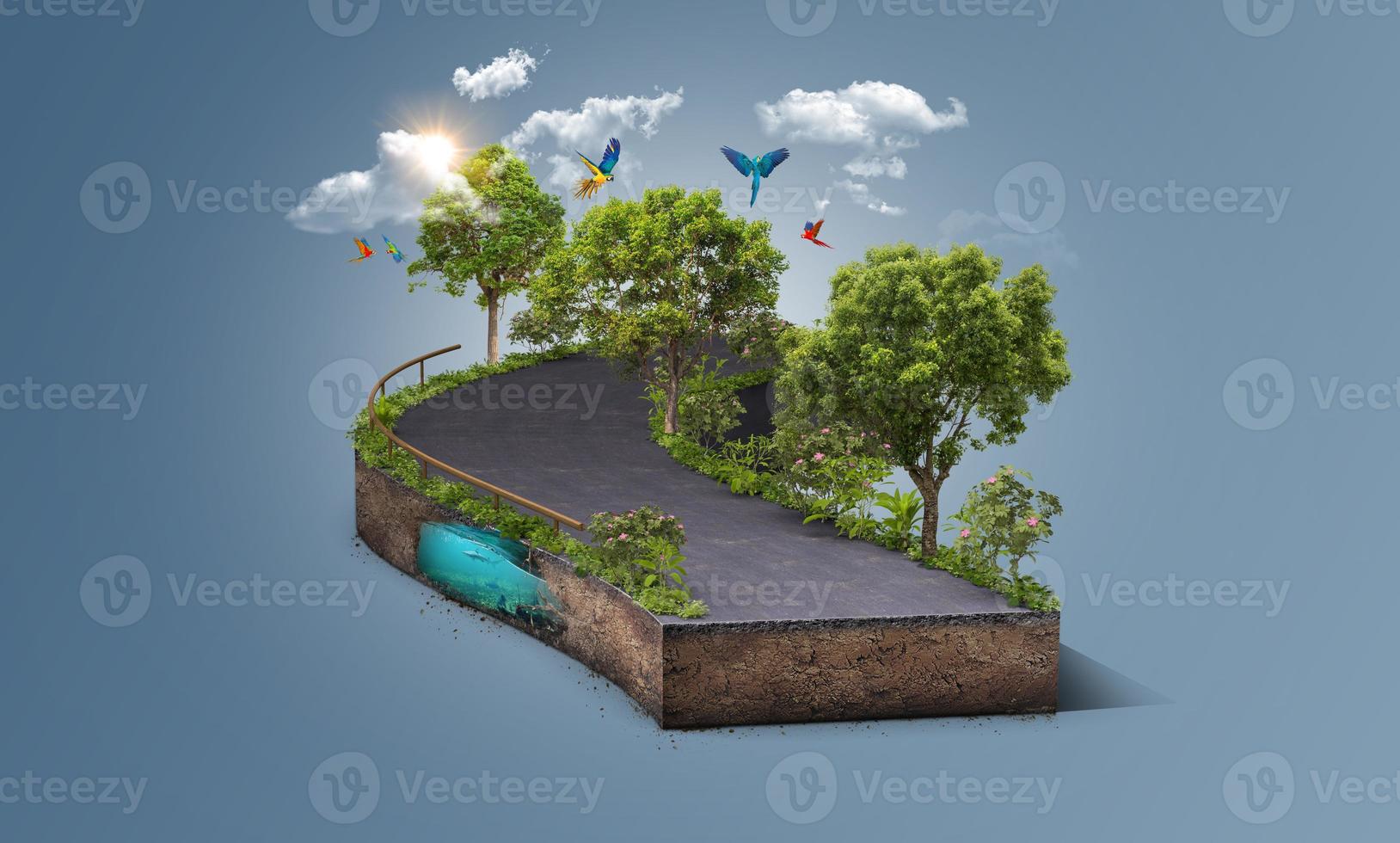 3d illustration of road isolated with clouds. Travel and vacation background. Beautiful Green runway isolated. photo