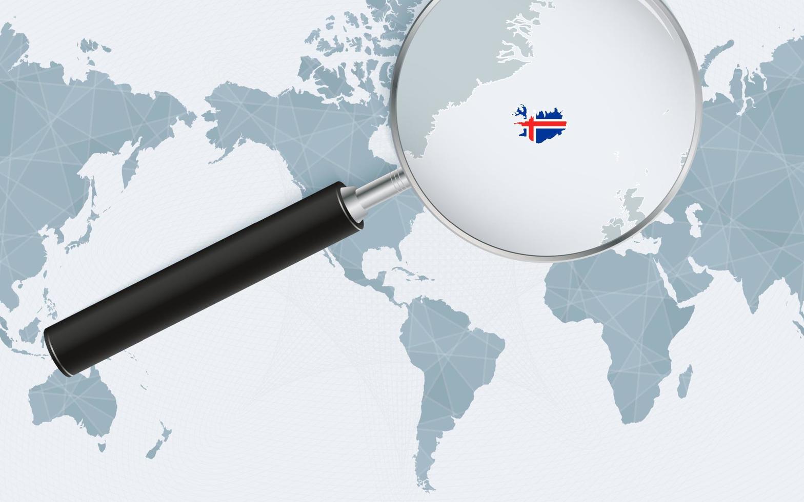 Enlarged map of Iceland on America centered World Map. Magnified map and flag of Iceland. vector