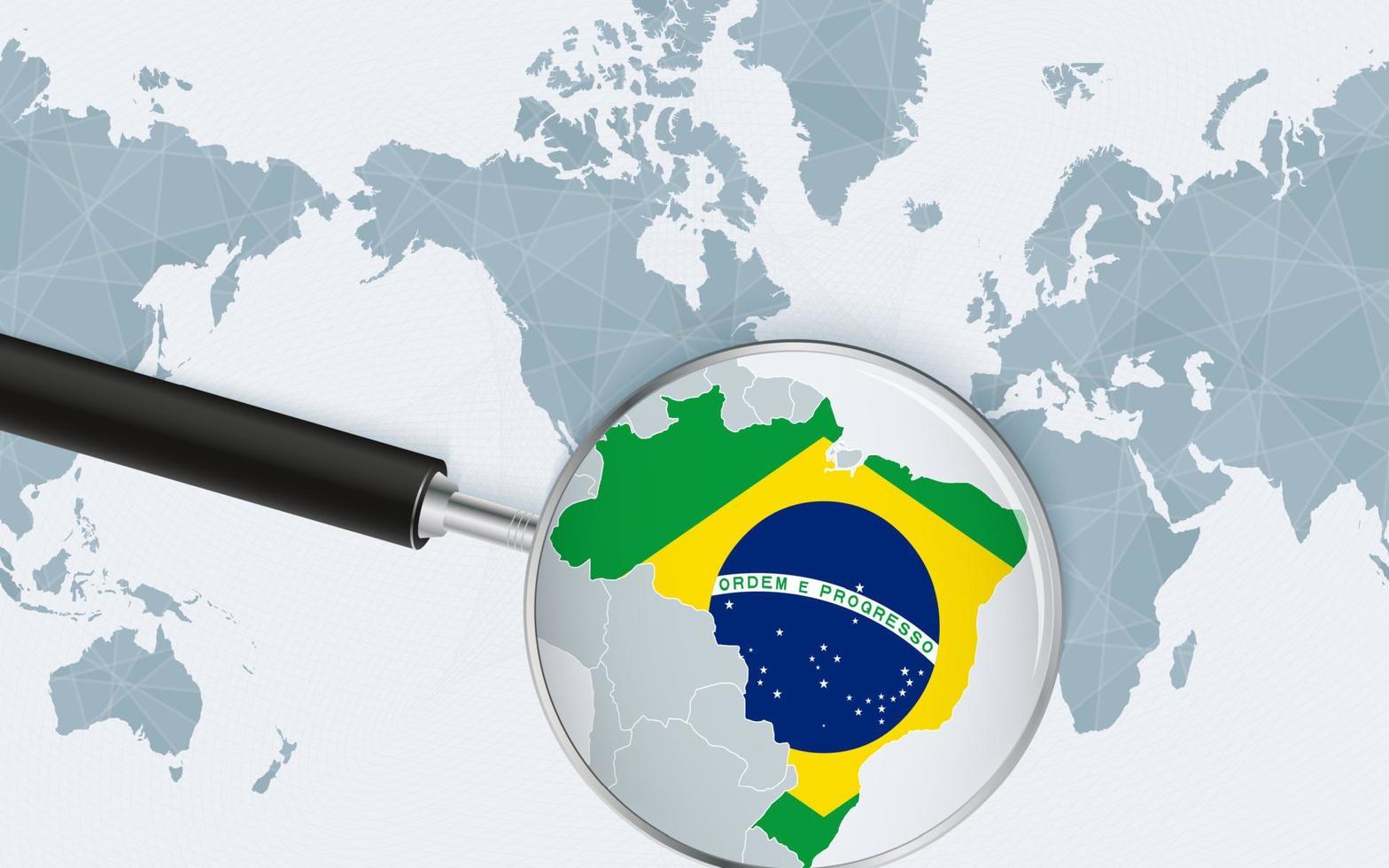 Enlarged map of Brazil on America centered World Map. Magnified map and flag of Brazil. vector