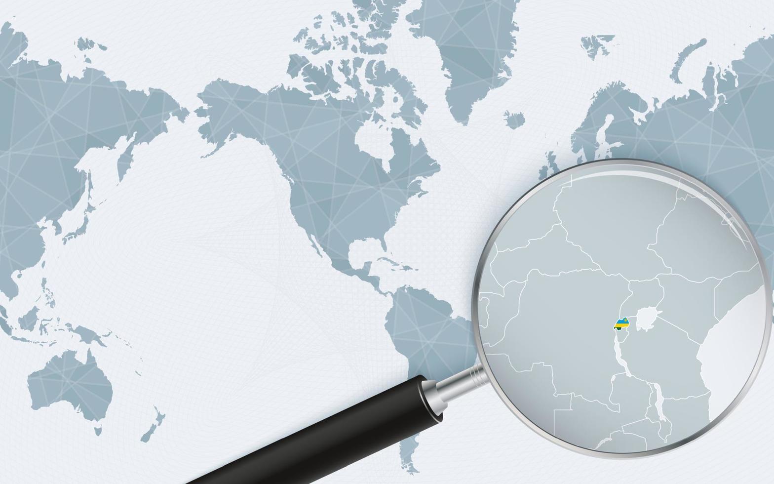 Enlarged map of Rwanda on America centered World Map. Magnified map and flag of Rwanda. vector