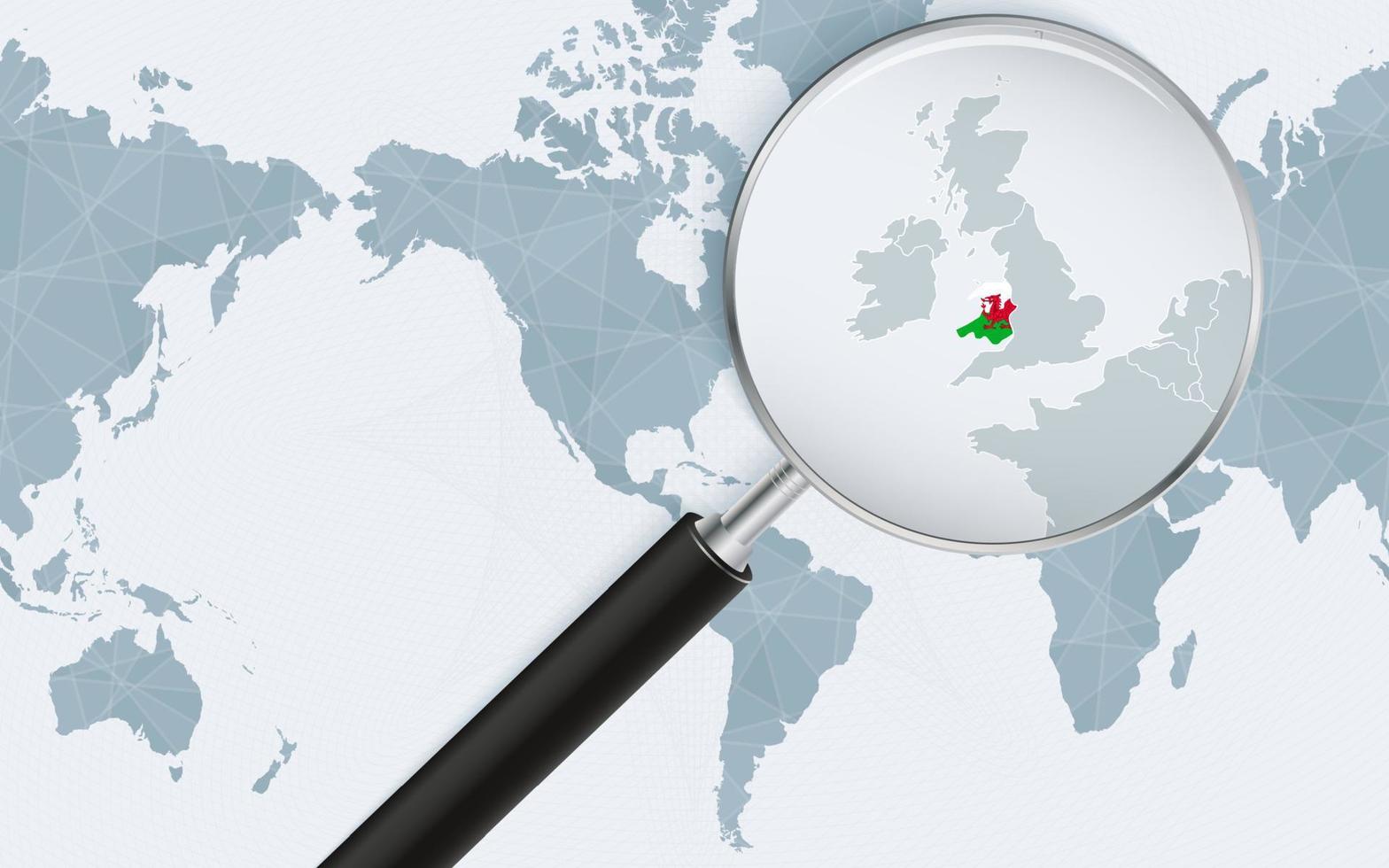 Mapa ampliado de Gales en el mapa mundial centrado en América. mapa ampliado y bandera de gales. vector