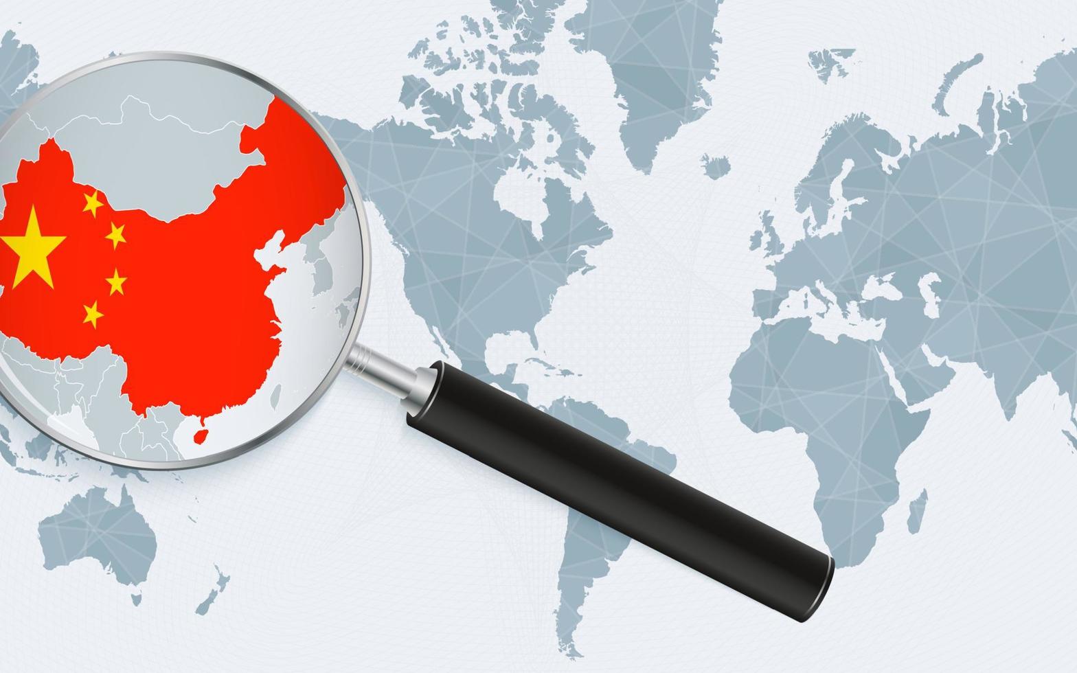 Enlarged map of China on America centered World Map. Magnified map and flag of China. vector