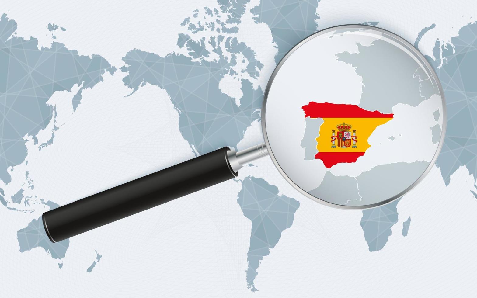 Enlarged map of Spain on America centered World Map. Magnified map and flag of Spain. vector