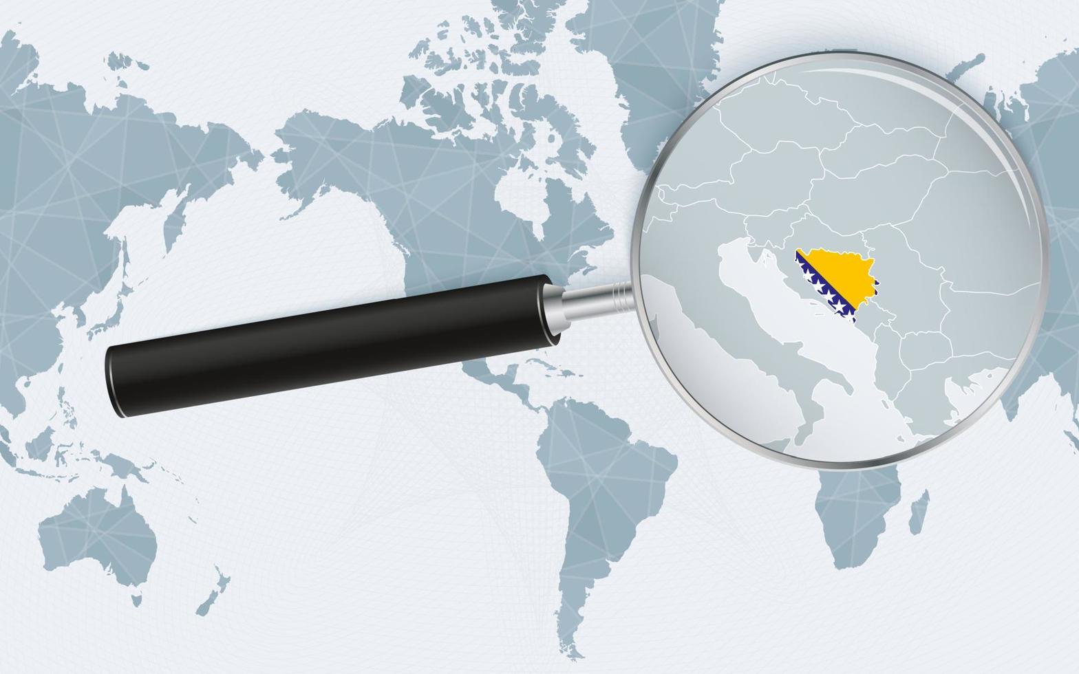 Enlarged map of Bosnia and Herzegovina on America centered World Map. Magnified map and flag of Bosnia and Herzegovina. vector