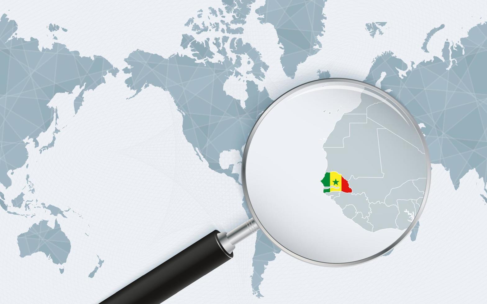 mapa ampliado de senegal en el mapa mundial centrado en américa. mapa ampliado y bandera de senegal. vector