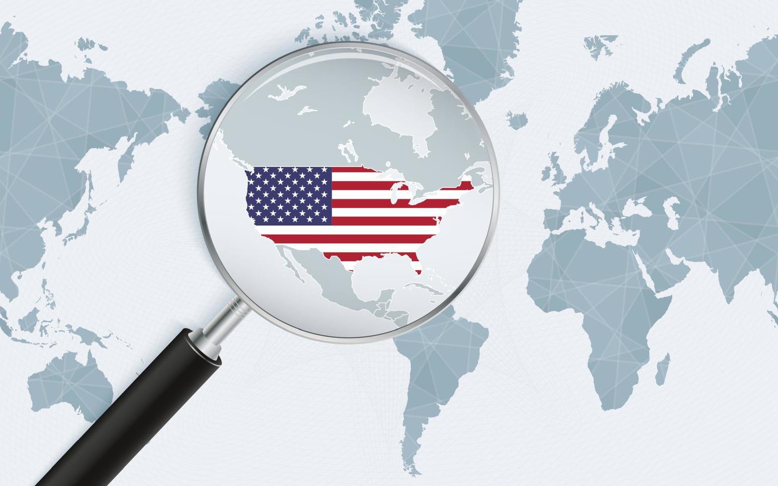 Enlarged map of USA on America centered World Map. Magnified map and flag of USA. vector