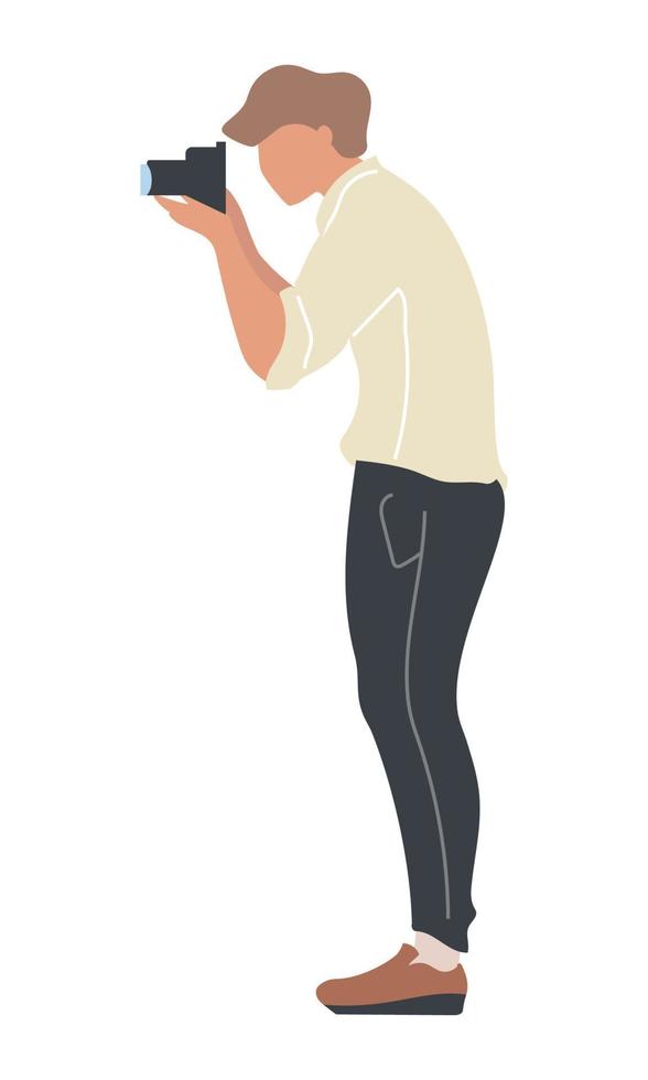 Young man taking picture with camera semi flat color vector character