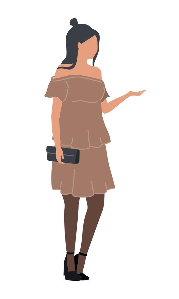 Black haired lady wearing evening outfit semi flat color vector character